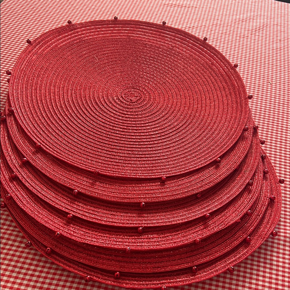 Set of 6 Red Sparkley Woven Placemats with Jingle-Bells Trim
